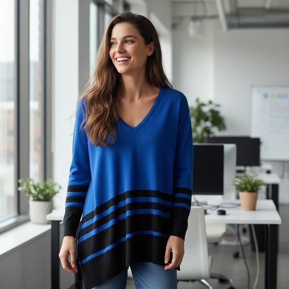 NWT Vince Camuto Asymmetrical V-Neck Sweater Azure Blue Black Stripe Hem Size L - Picture 3 of 9